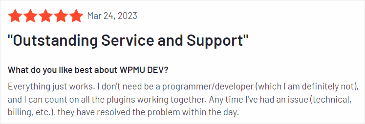 G2.com 客戶對 WPMU DEV 的評論。