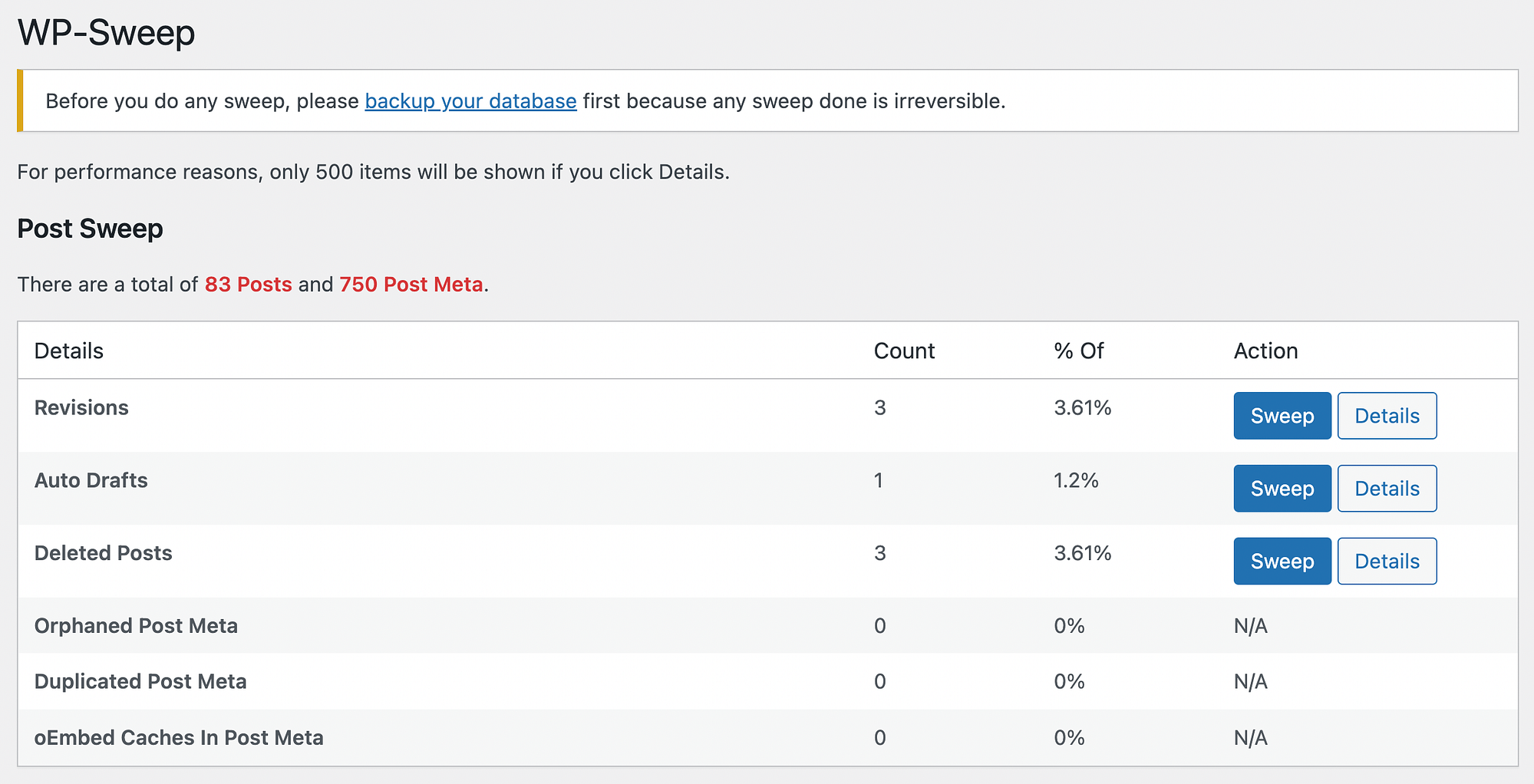 Configuración de barrido de WP