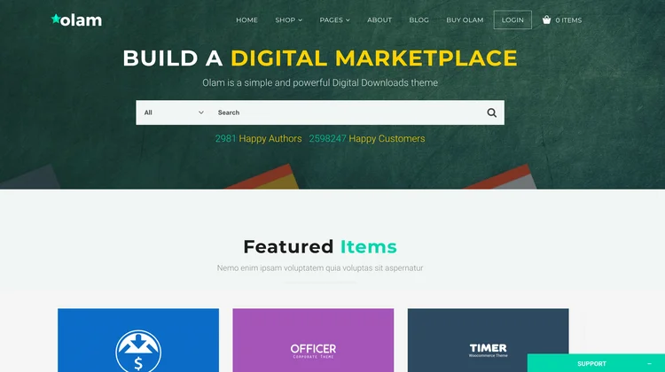 Olam: tema de WordPress para el mercado de descargas digitales fácil.