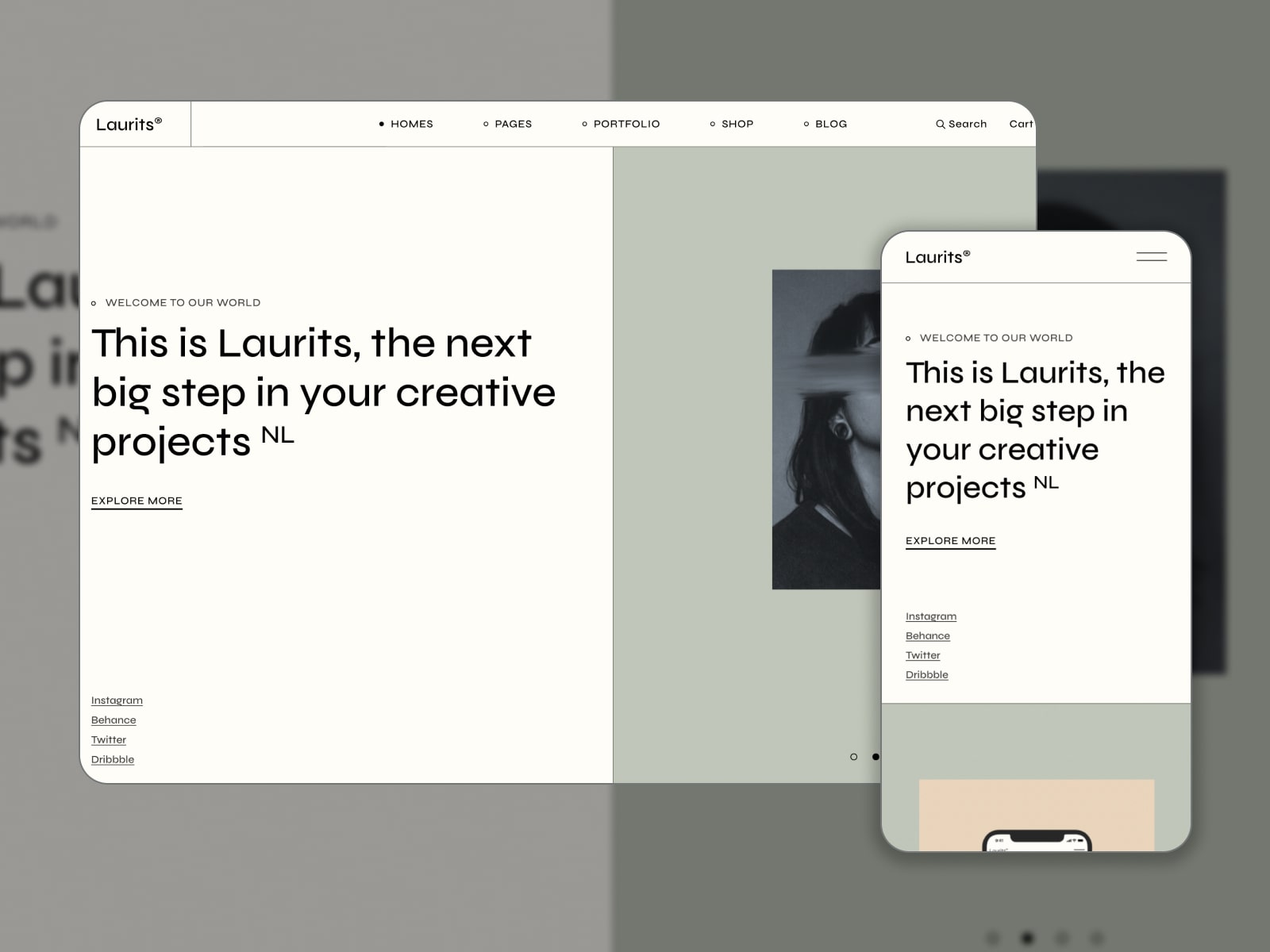 白と灰色の WordPress エージェンシー Web サイトの Laurits テーマのコラージュ。