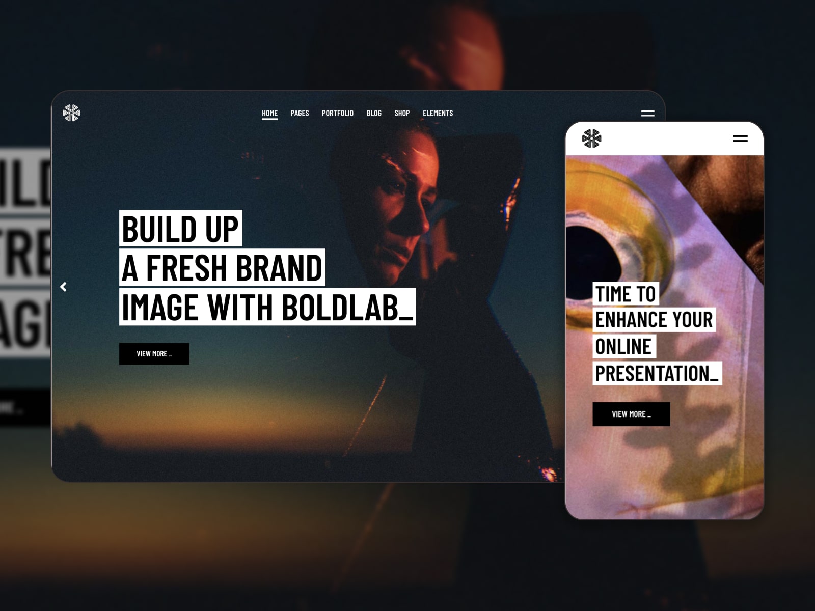 Colagem do tema Boldlab para sites de agências digitais criativas em WordPress.