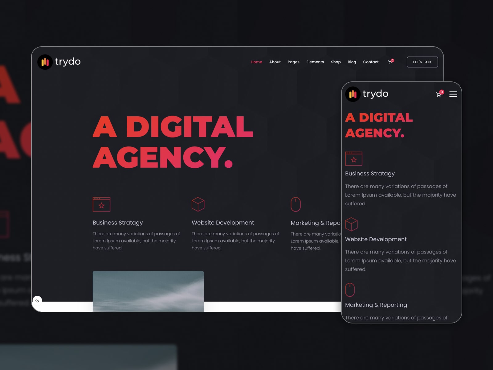 Colagem do site de demonstração do tema Trydo para uma agência digital na versão dark.