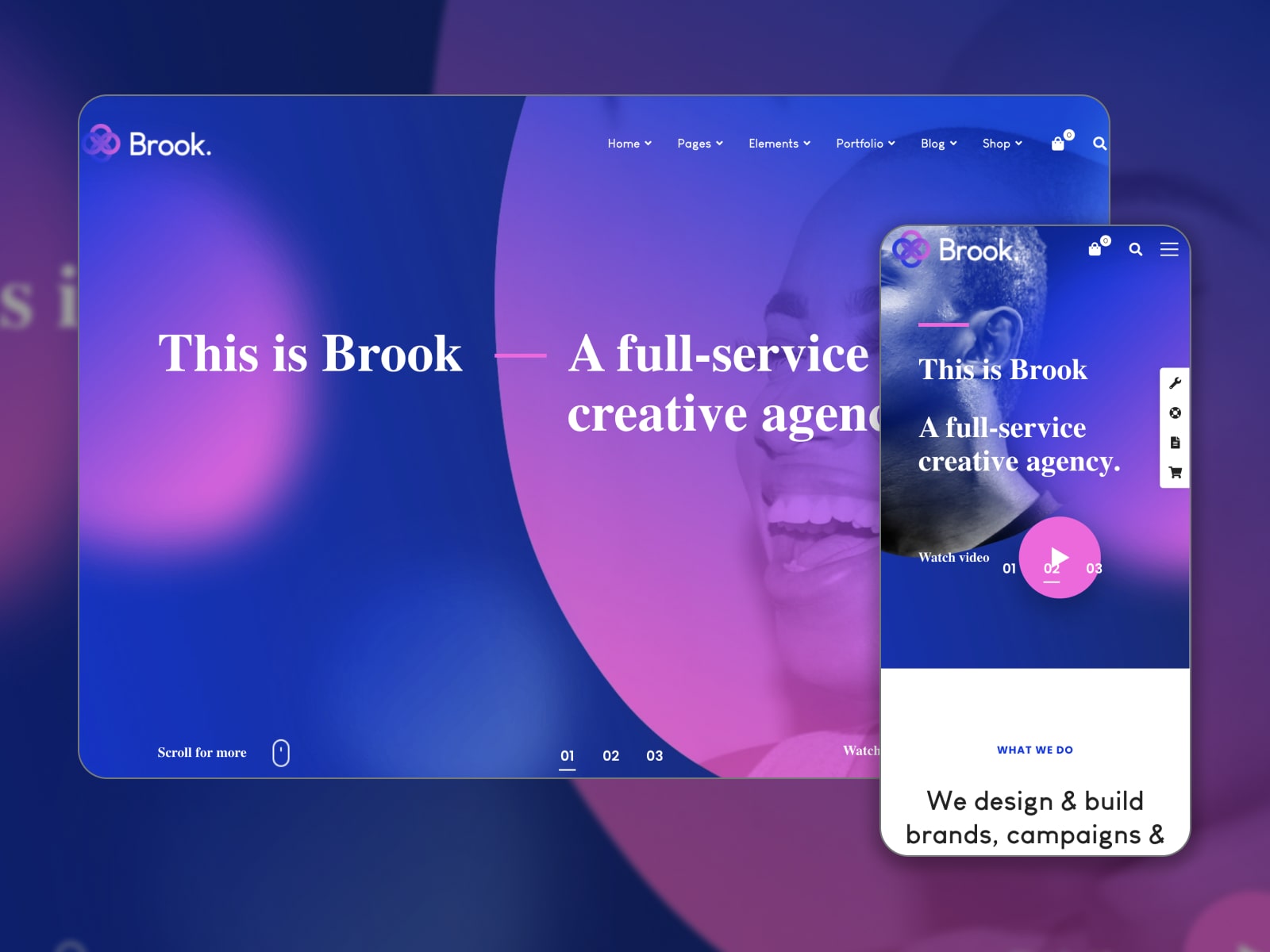 파란색, 보라색 및 흰색 색상의 Brook 디지털 에이전시 WordPress 테마 데모의 콜라주.