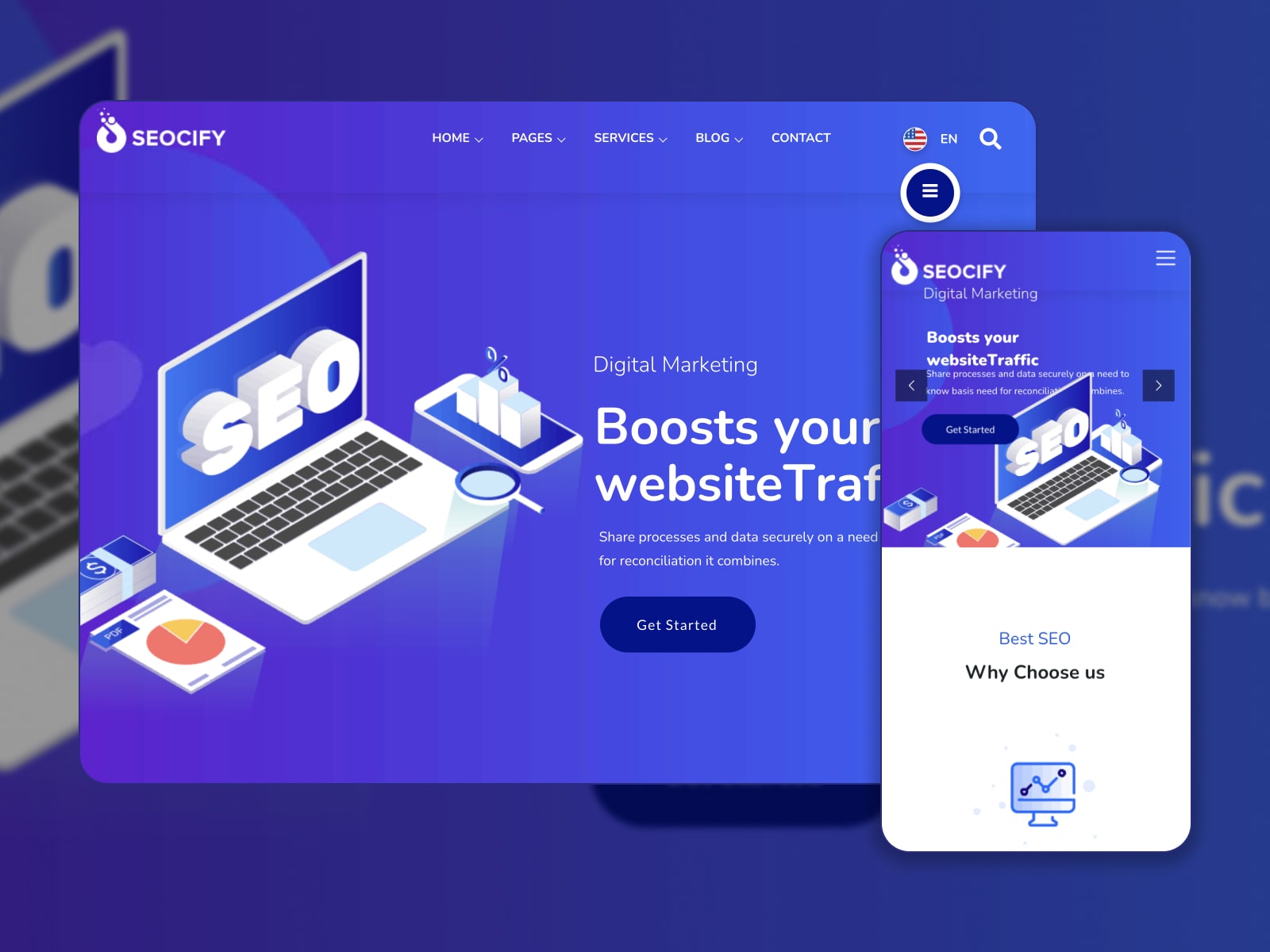 Collage of the Seocify WordPress theme for SEO and Digital Marketing وكالات باللون الأبيض والبنفسجي.