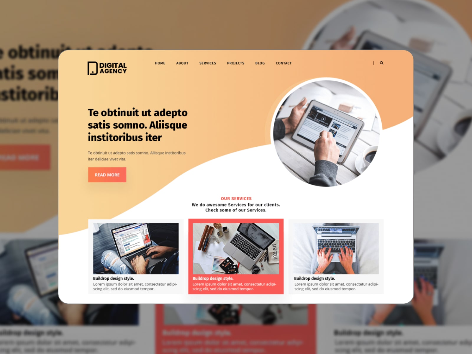 Colaj al temei WordPress gratuită Digital Agency Lite în culori portocalii și alb.