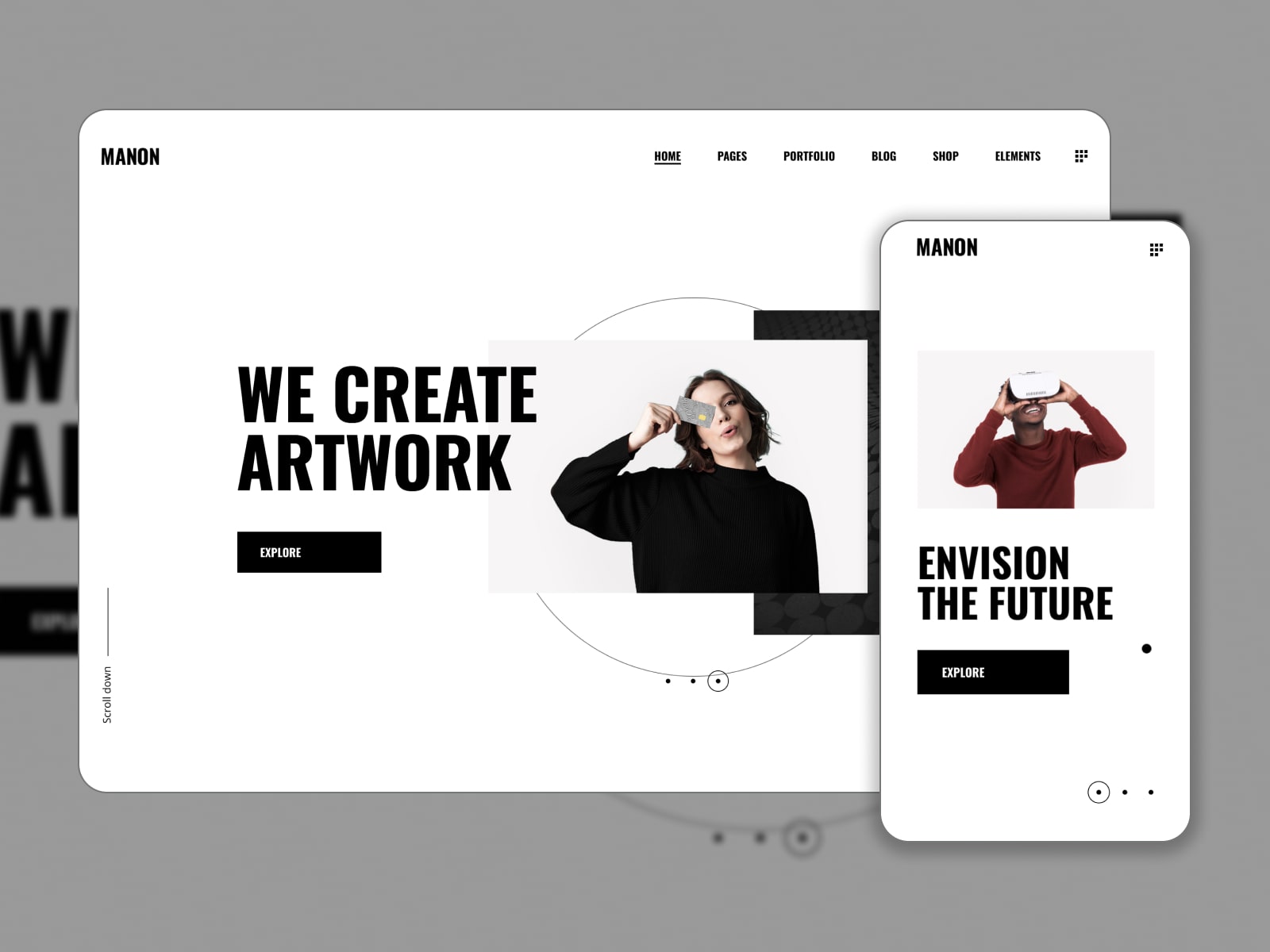 Collage of the WordPress digital agency Manon theme in white and black.