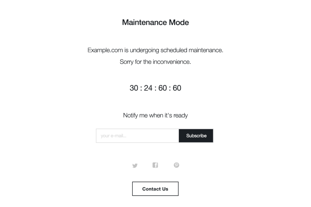 Un écran de mode de maintenance de base avec un champ e-mail.