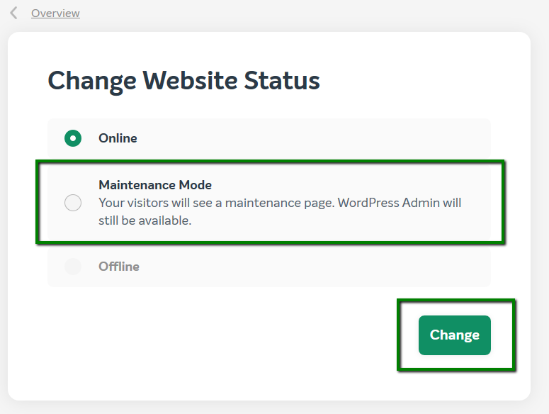 A configuração no EasyWP para alternar para o modo de manutenção.