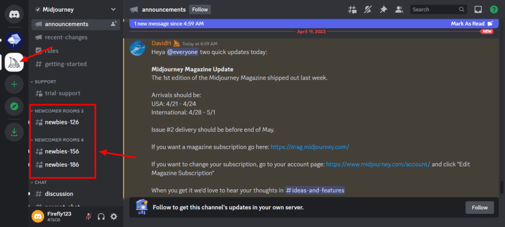 Dołączanie do pokoi dla początkujących na serwerze Midjourney Discord