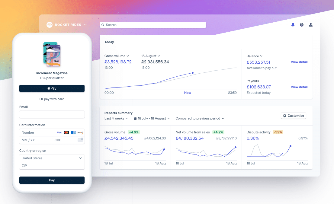 Checkout-Seite und Dashboard von Stripe