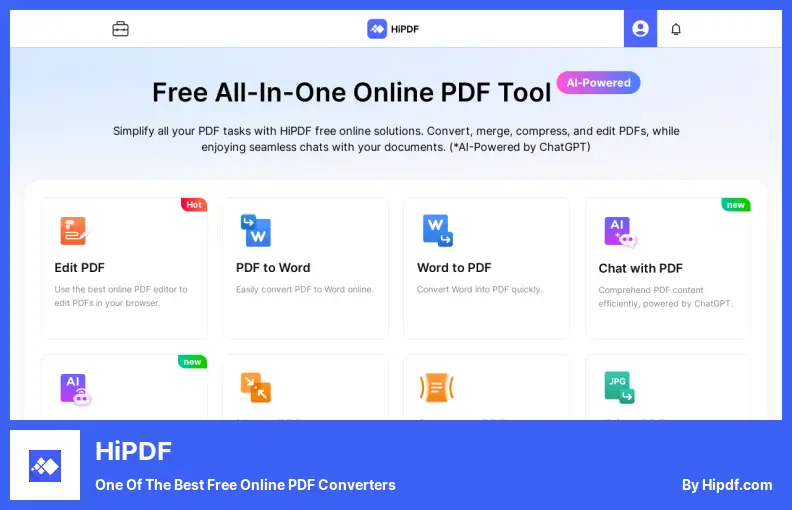 HiPDF - Salah satu Pengonversi PDF Online Gratis Terbaik