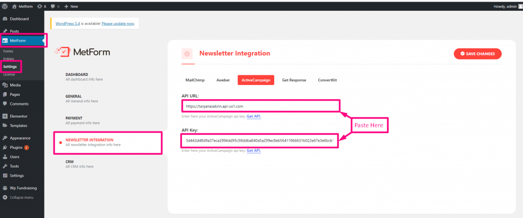 Ajouter une clé API et une URL pour l'intégration ActiveCampaign WordPress