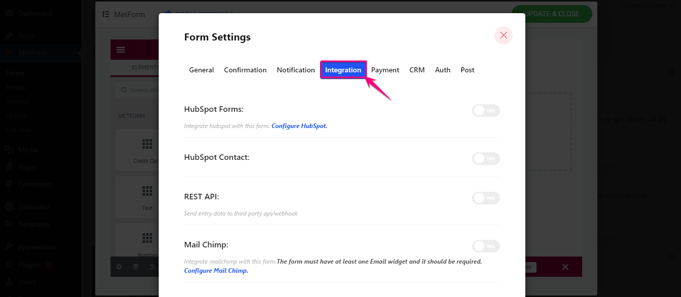 Habilite la integración de ActiveCampaign desde la configuración del formulario de MetForm