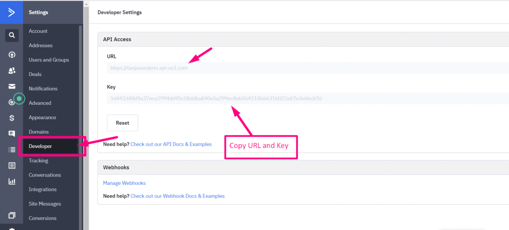 Kopieren Sie den API-Schlüssel und die URL von ActiveCampaign und fügen Sie sie ein