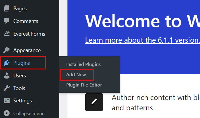 Navegue até Plugins e Adicionar Novo