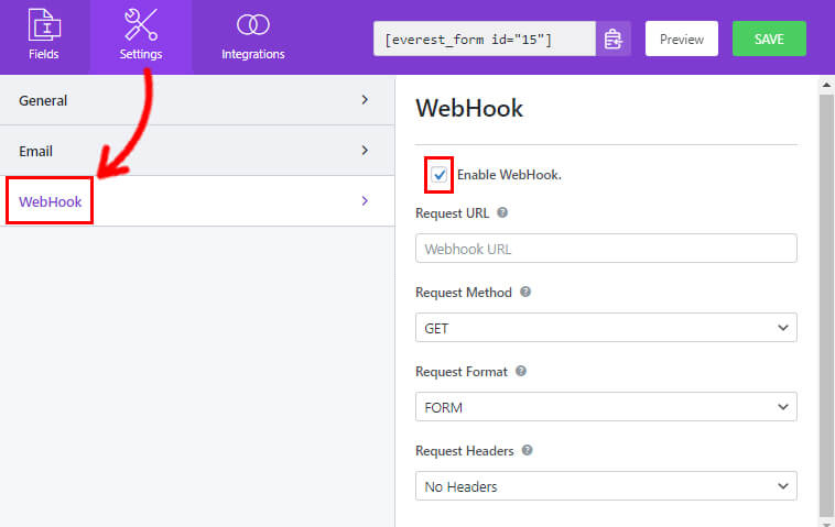 Impostazioni webhook