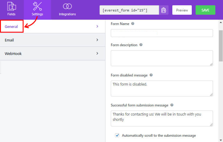 Formular de contact pentru setări generale