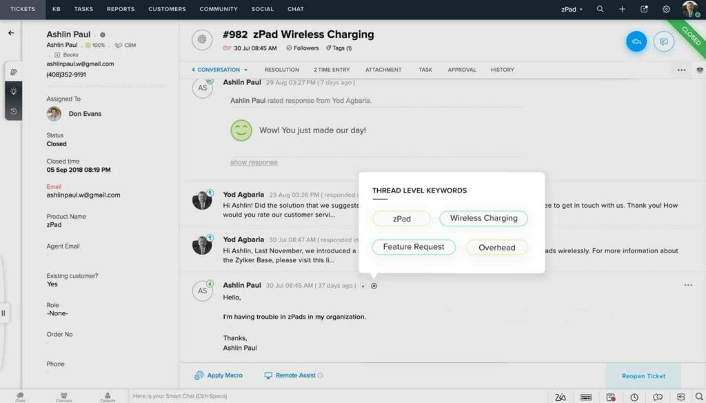 Conversazione ticket nel software di help desk di Zoho Desk