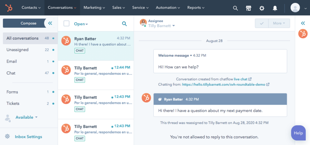 Interfaccia utente del software di ticketing dell'help desk HubSpot Service Hub