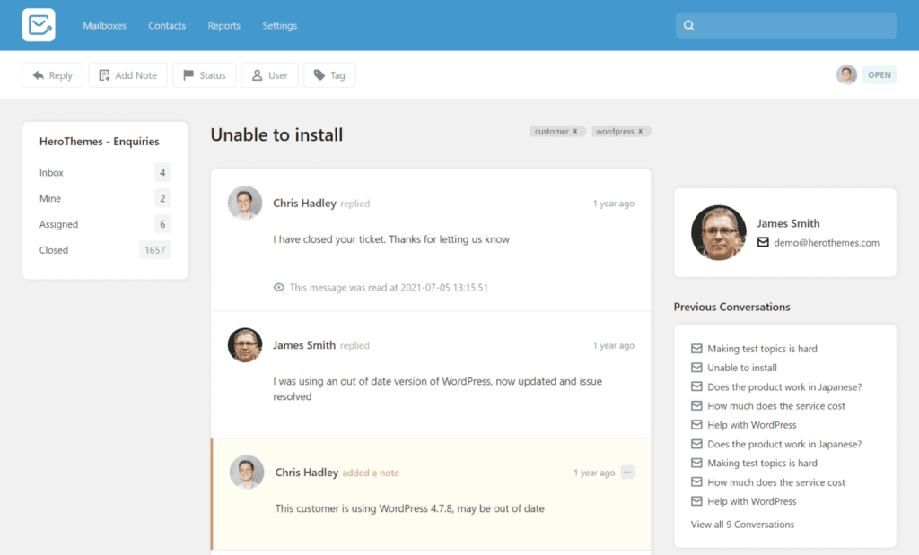 Interfaccia del software di ticketing dell'help desk di Heroic Inbox