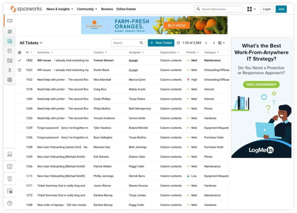 Visualizzazione ticket della piattaforma di assistenza clienti di Spiceworks