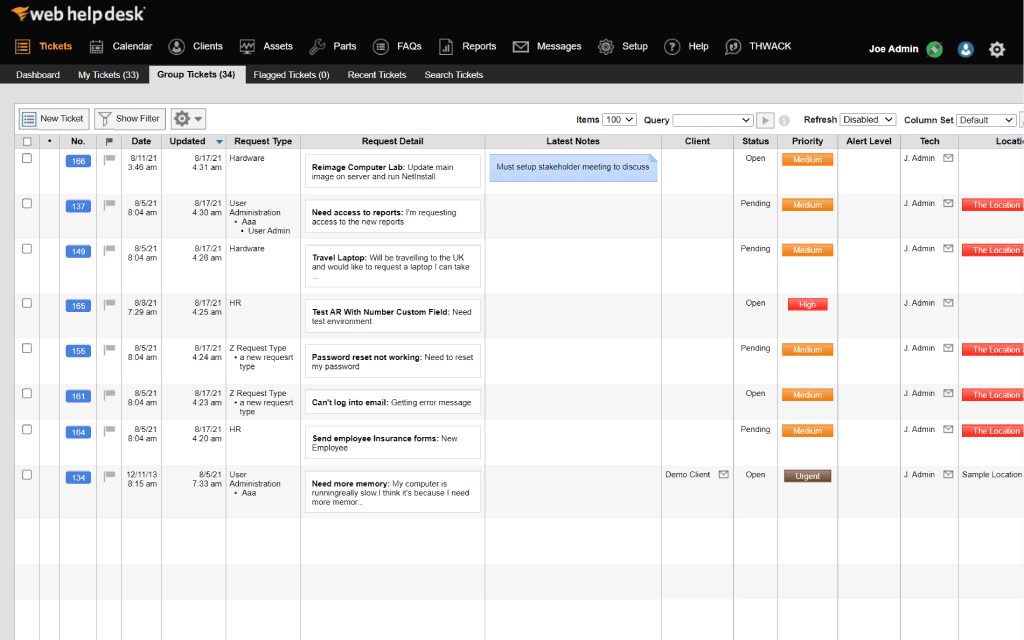 Interfaccia di gestione dei ticket dell'help desk web di SolarWinds