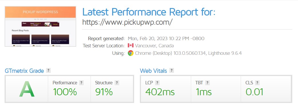 Rapporti GTmetrix per Pickup WP