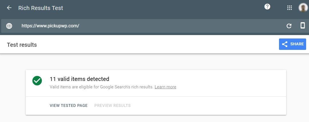 Ergebnisse des Testtools für strukturierte Daten von Google für Pickup WP