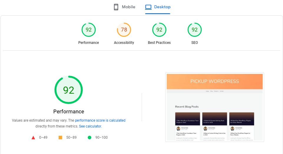 Risultato di Google PageSpeed ​​Insights per Pickup WP