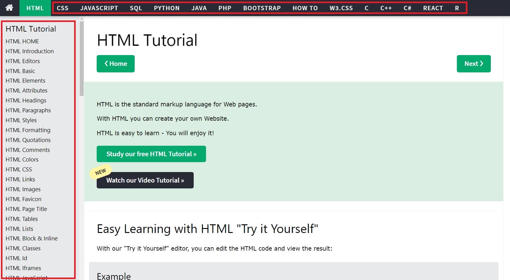 W3Schools para aprender HTML, CSS e muito mais