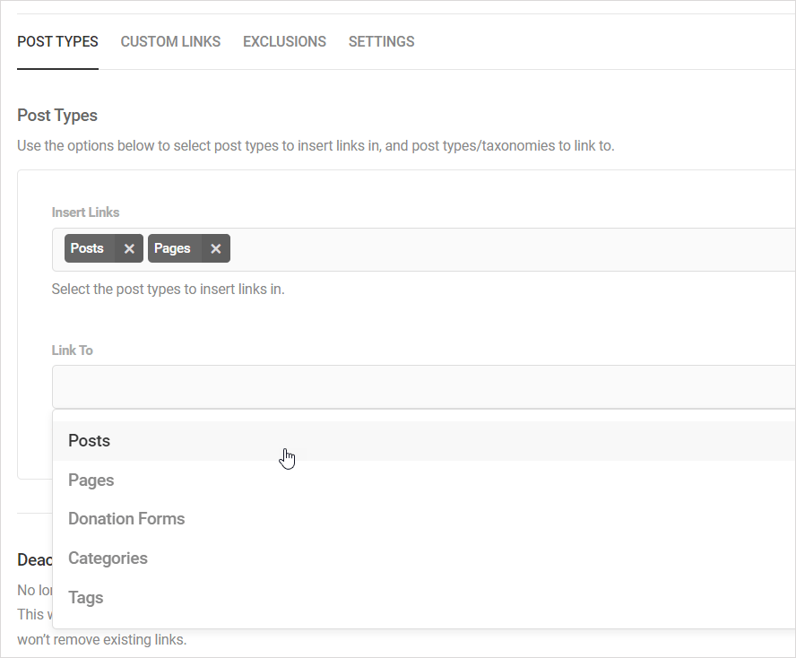 SmartCrawl: Penautan Otomatis - tab Post Types - Tautan ke menu tarik-turun bidang.