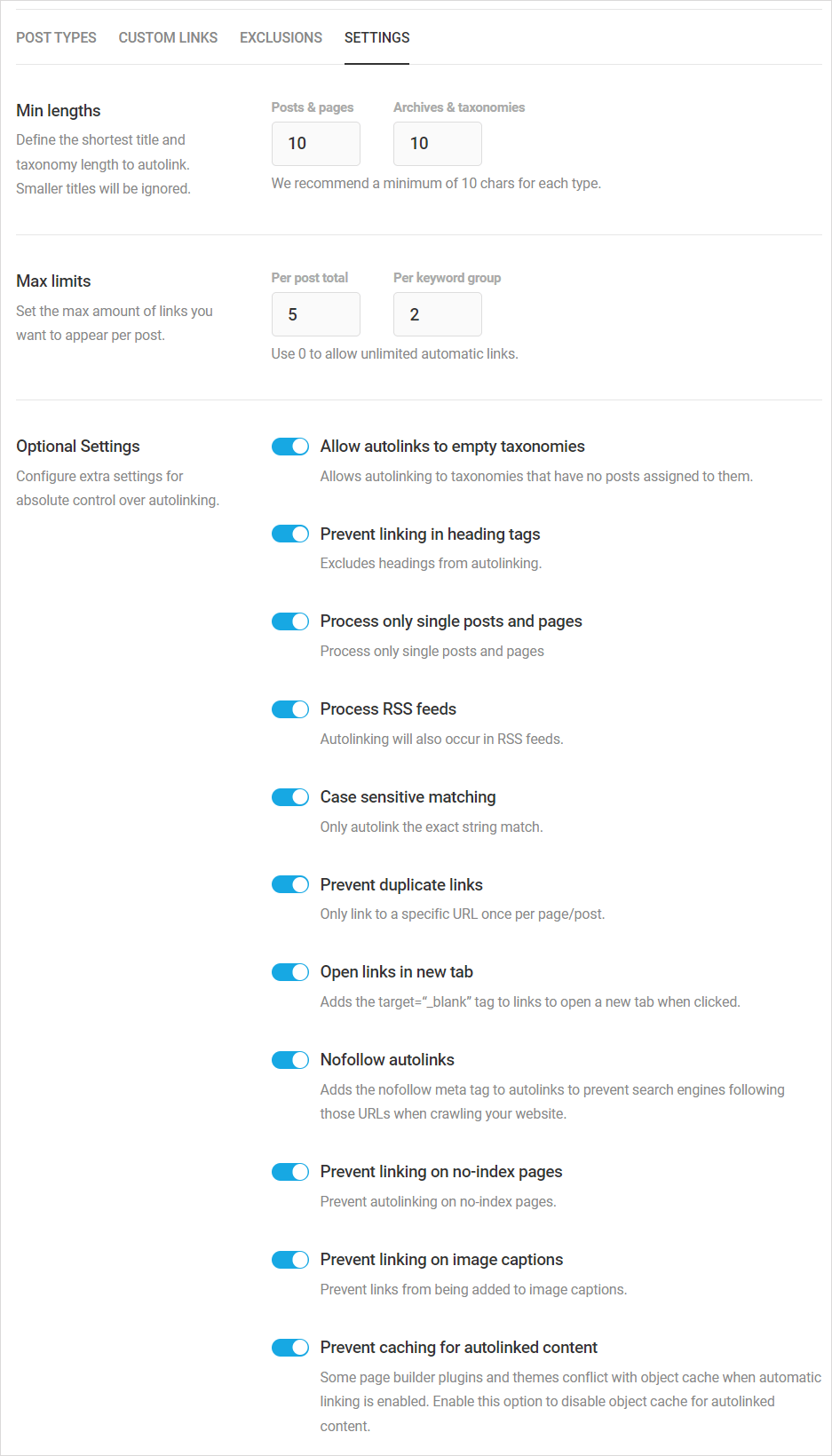 SmartCrawl: Automatische Verknüpfung - Registerkarte Einstellungen.