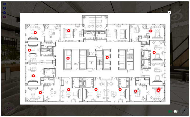 Plano de planta del tour virtual 360 de hoteles de lujo