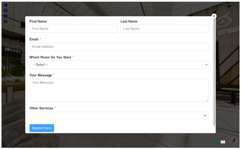 Modulo di contatto nel tour virtuale dell'hotel