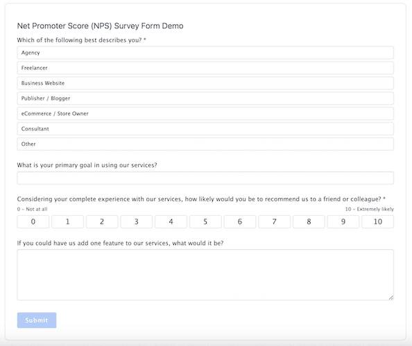 Umfragevorlage zum Net Promoter Score (NPS) von Formidable Forms