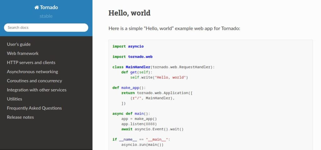 Situs dokumentasi kerangka web Tornado dengan contoh "Hello World".