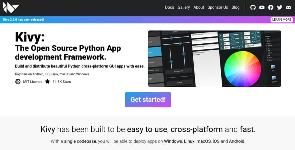 Situs web Kivy menampilkan halaman dokumen, galeri, dan blog, serta ajakan bertindak “Mulai!”.