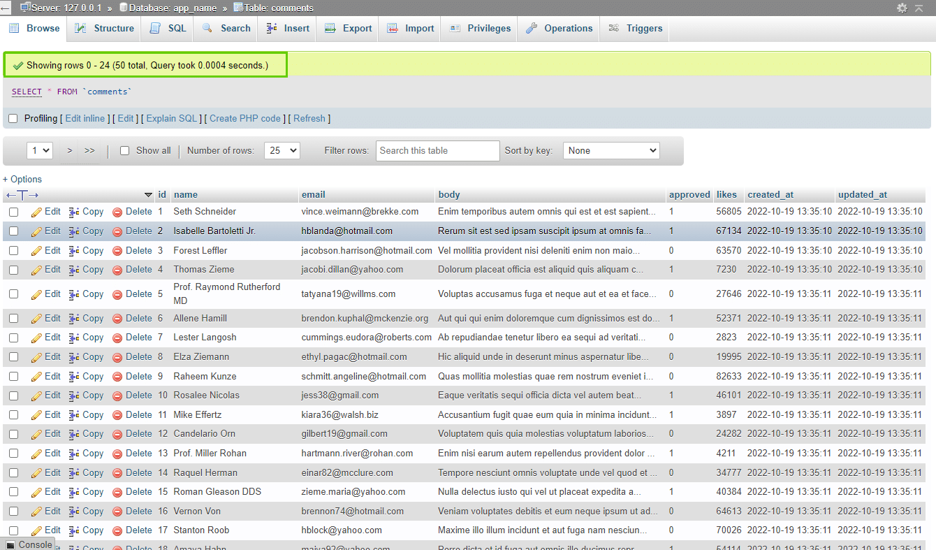 50 linhas de dados no banco de dados