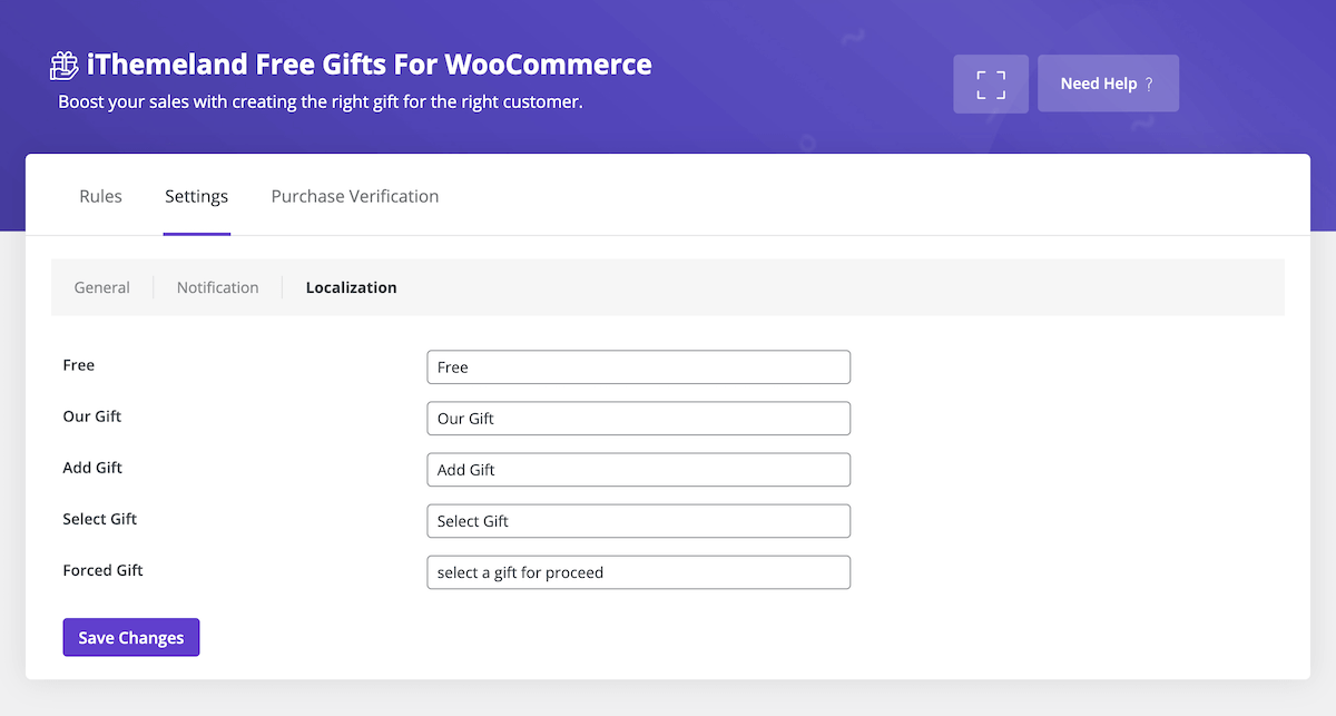 Cadeaux gratuits pour la localisation des paramètres WooCommerce