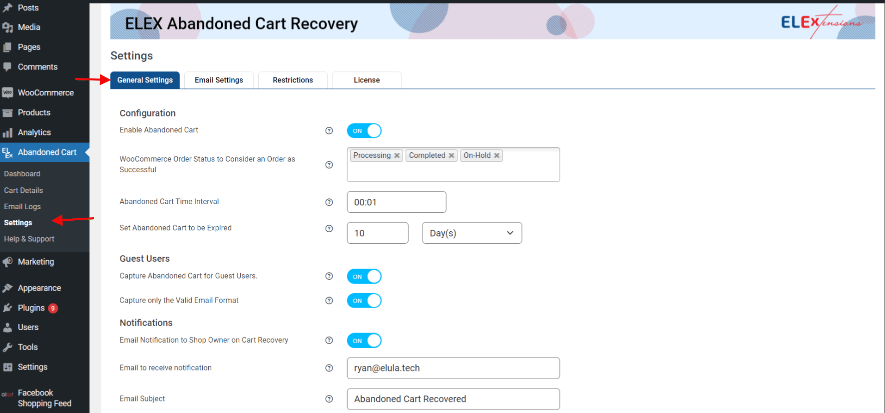 Configurações gerais de recuperação de carrinho abandonado ELEX WooCommerce