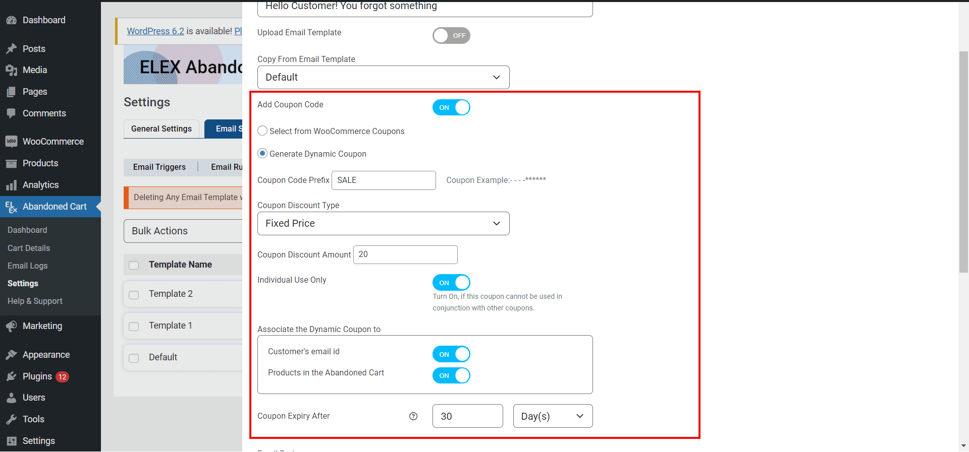 Шаблон редактирования ELEX WooCommerce для восстановления заброшенной корзины