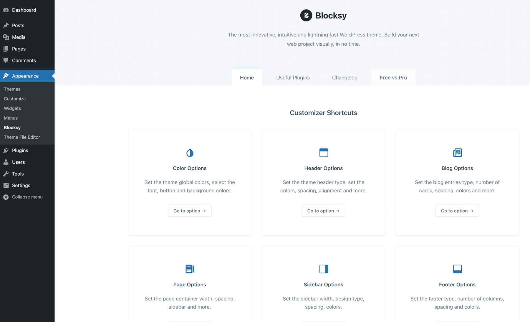 Opțiuni de personalizare Blocksy