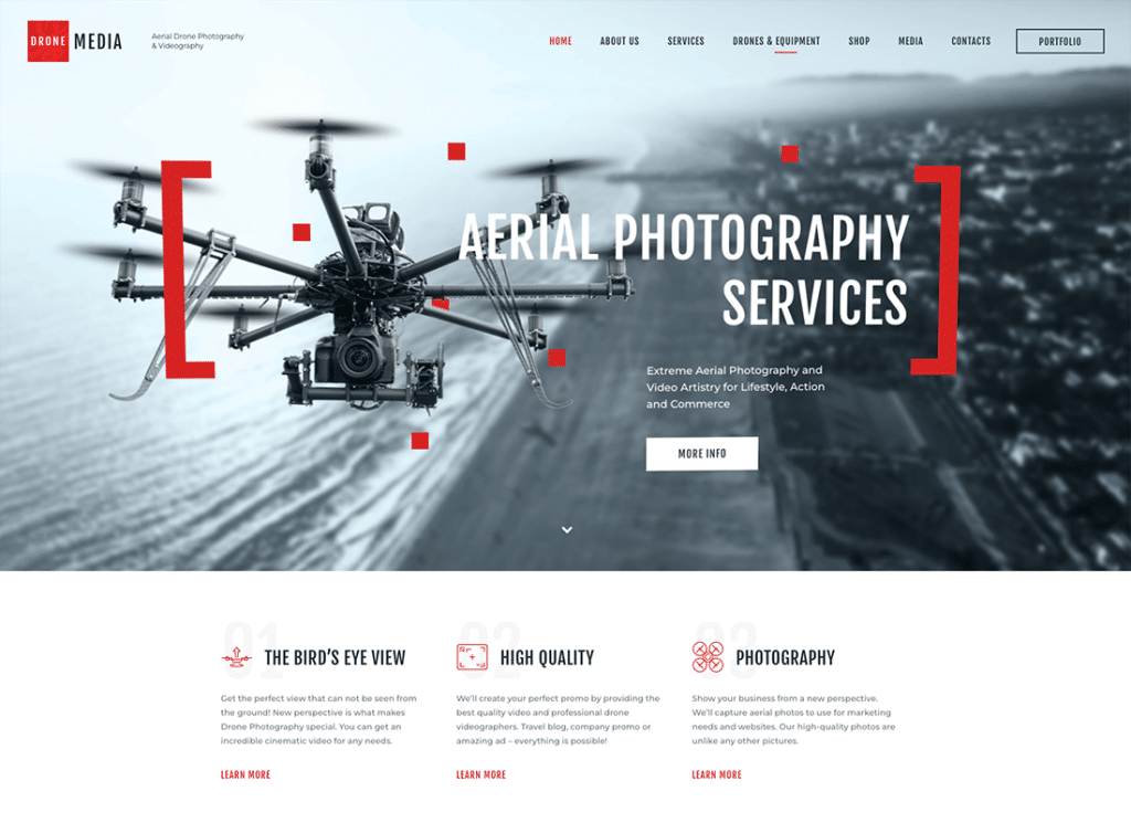 Médias drones | Thème WordPress pour photographie et vidéographie aérienne + Elementor