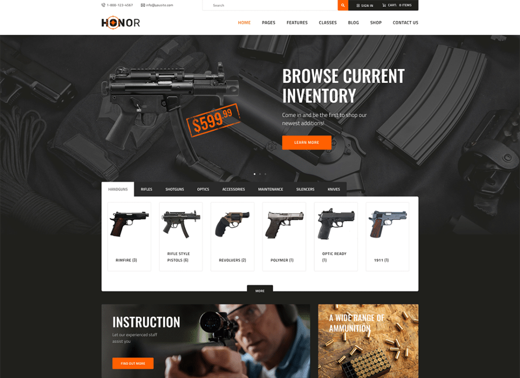 Honor | Club de tiro multiusos y tienda de armas Tema de WordPress + Elementor