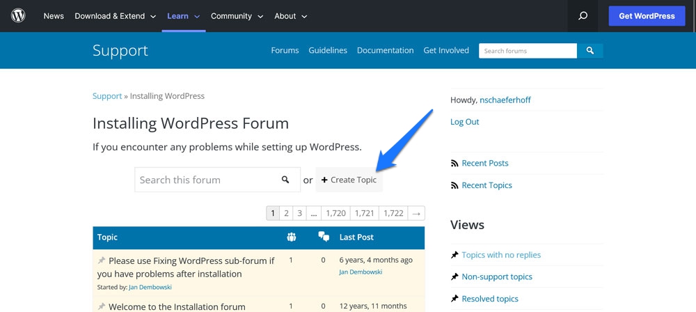 Erstellen Sie ein neues Thema im WordPress-Support-Forum, um Hilfe zu finden