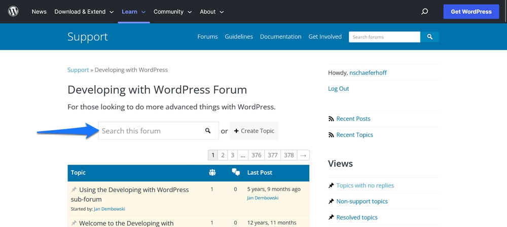 WordPress 지원 포럼 검색