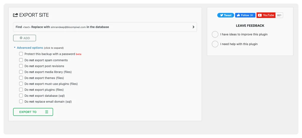 migre su sitio de wordpress con un complemento (automáticamente) paso 2: exporte su sitio