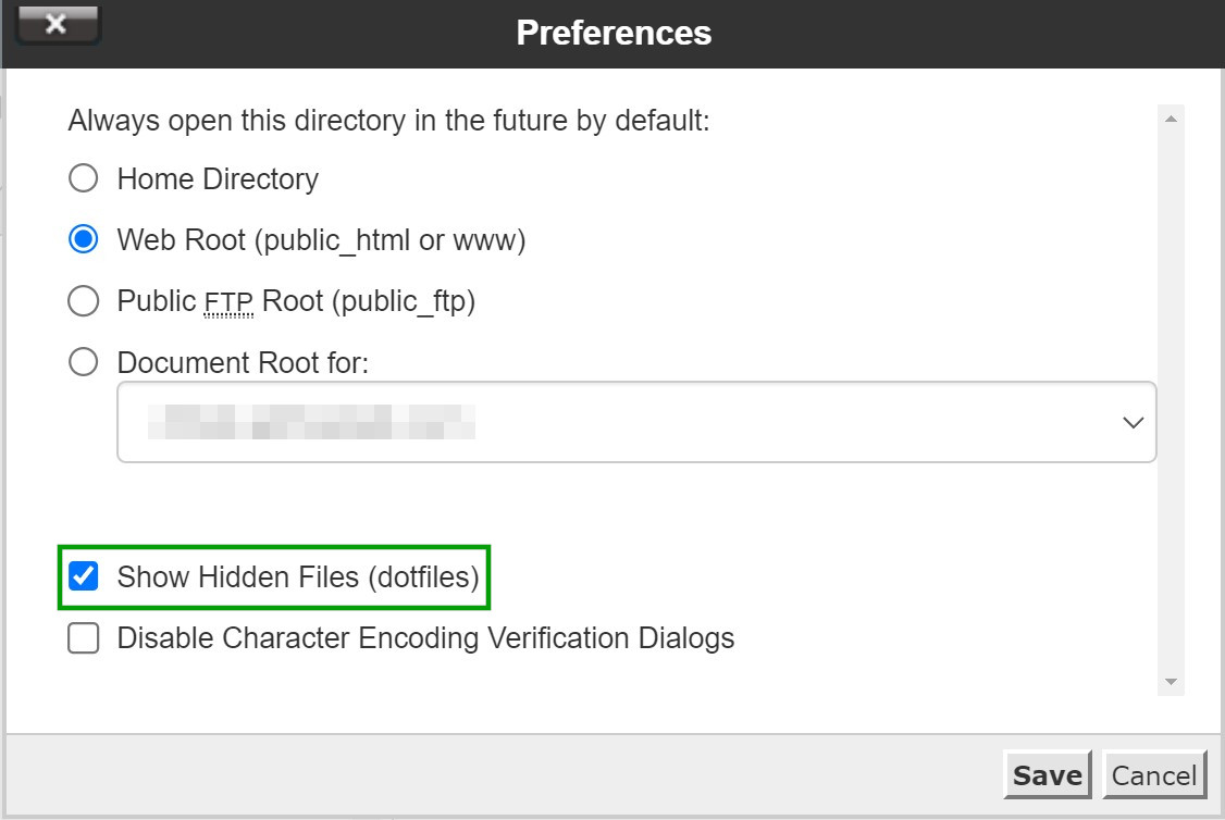 come mostrare file dot nascosti in cpanel