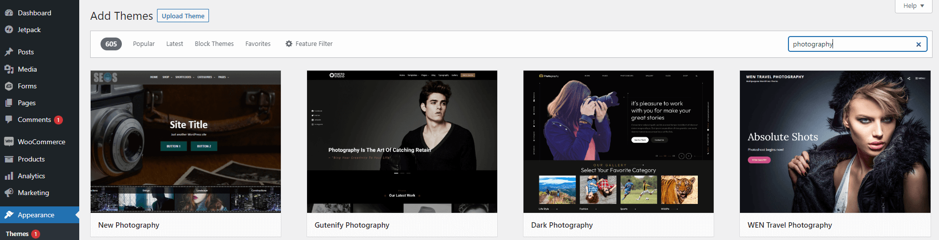 Una captura de pantalla de algunos temas de fotografía de WordPress.