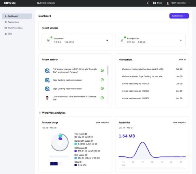 MyKinsta 仪表板、用户界面